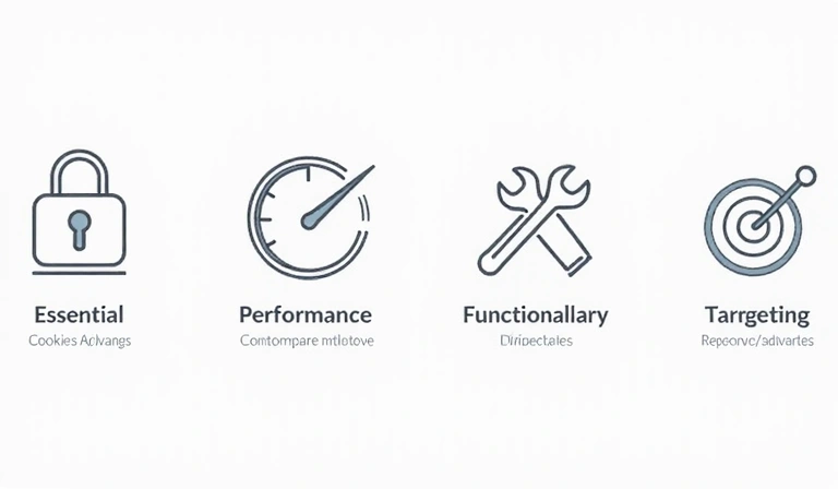 Ikony reprezentujące różne typy plików cookie: niezbędne, wydajnościowe, funkcjonalne, reklamowe