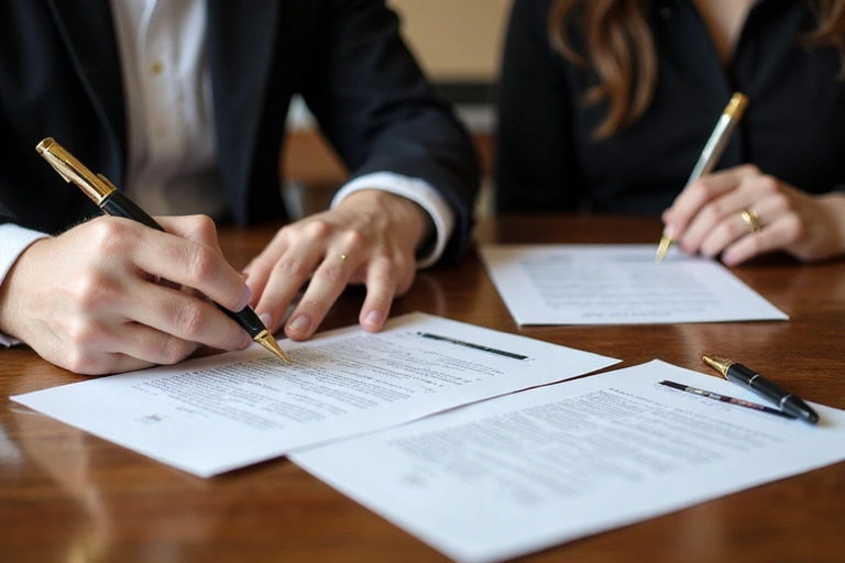 Para podpisująca dokumenty na eleganckim drewnianym biurku, symbolizująca formalne umowy i regulaminy