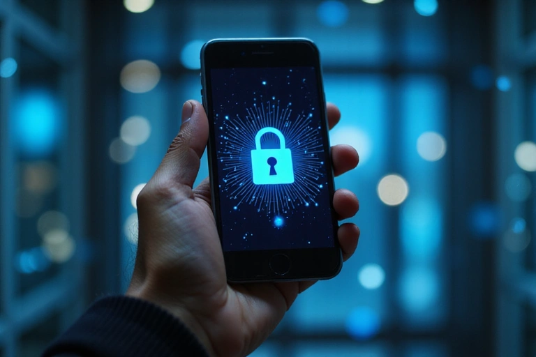 Ręka trzymająca smartfon z ikoną kłódki, symbolizującą bezpieczeństwo danych