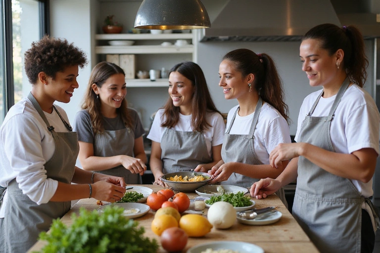 Grupa ludzi na warsztatach kulinarnych, uczących się o zdrowym odżywianiu