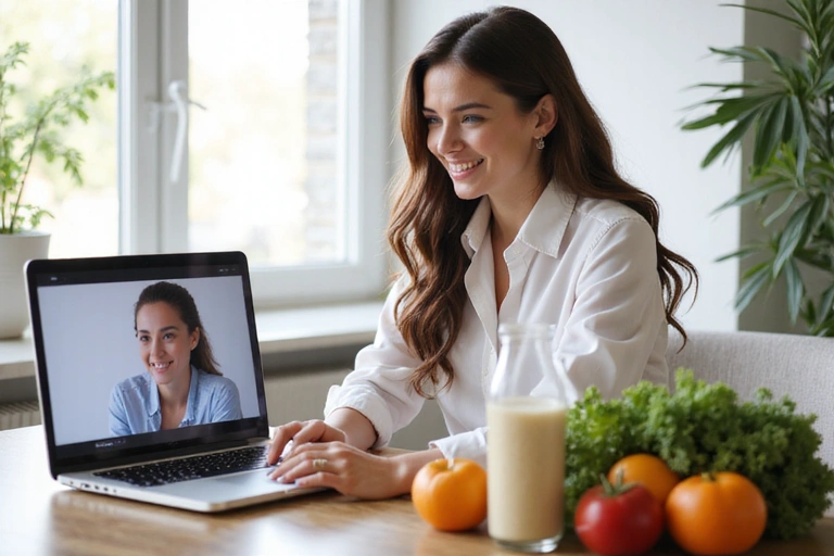 Kobieta rozmawia online z nutricjologiem, laptop na stole, zdrowe jedzenie w tle
