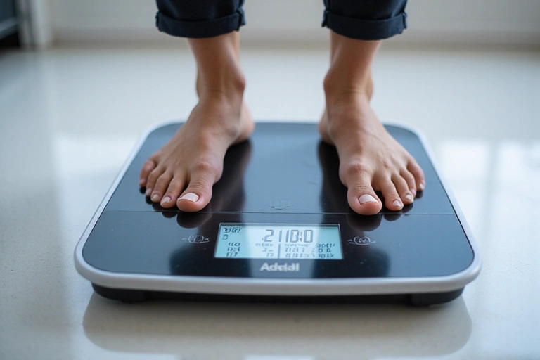 Osoba ważąca się na specjalistycznej wadze do analizy składu ciała, z widocznym wyświetlaczem