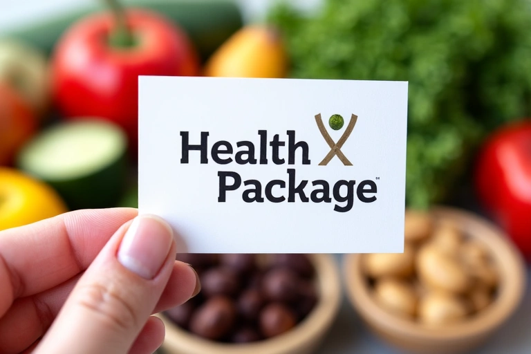 Ręka trzymająca kartę z napisem 'Pakiet Zdrowia' na tle zdrowych produktów