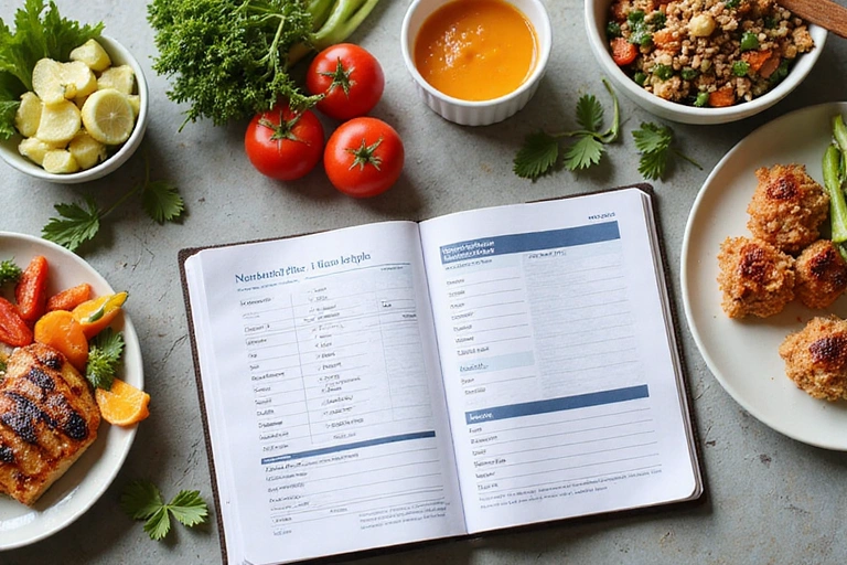 Stolik z różnorodnymi zdrowymi posiłkami, plan żywieniowy i notatki